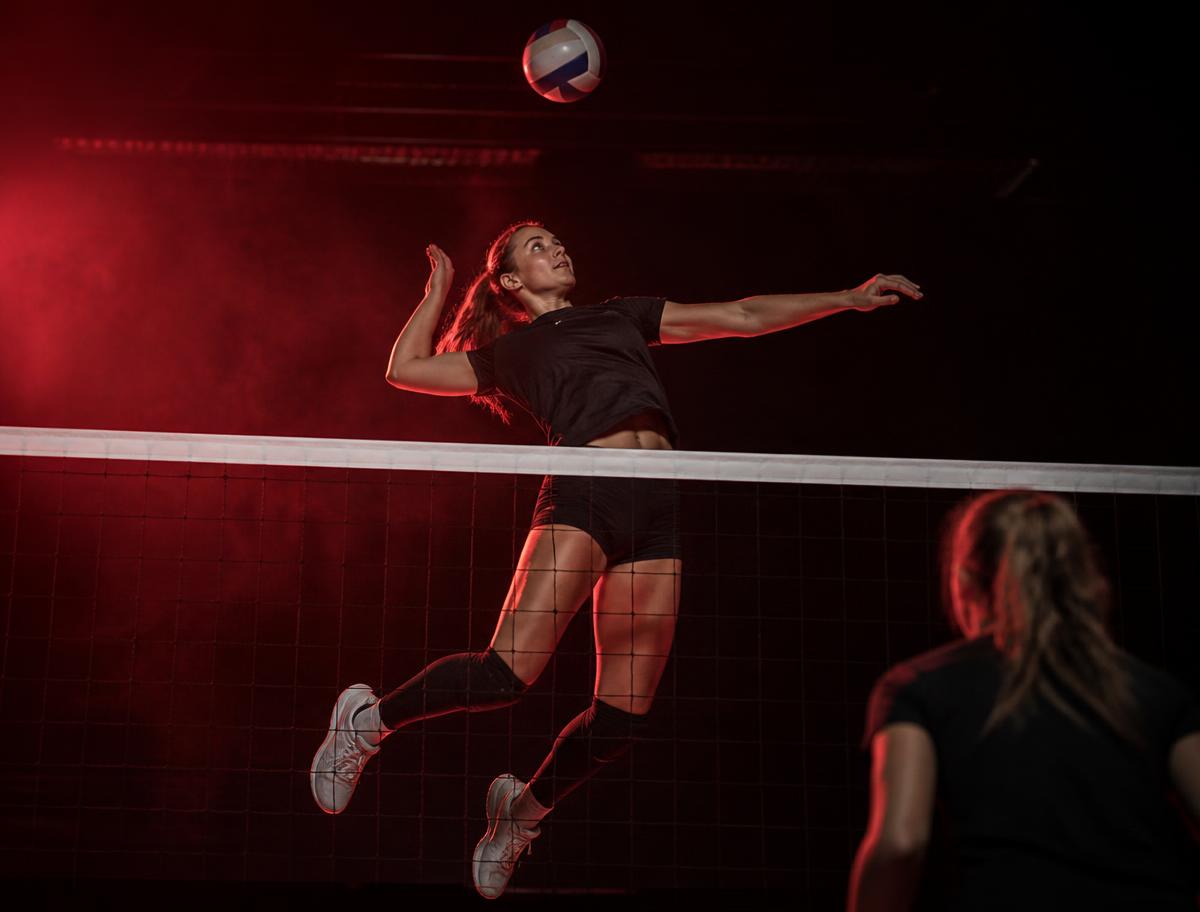 Volleyball – Athlet in Aktion, Hüftstreckung & Sprintkraft (KI-generierte Illustration)