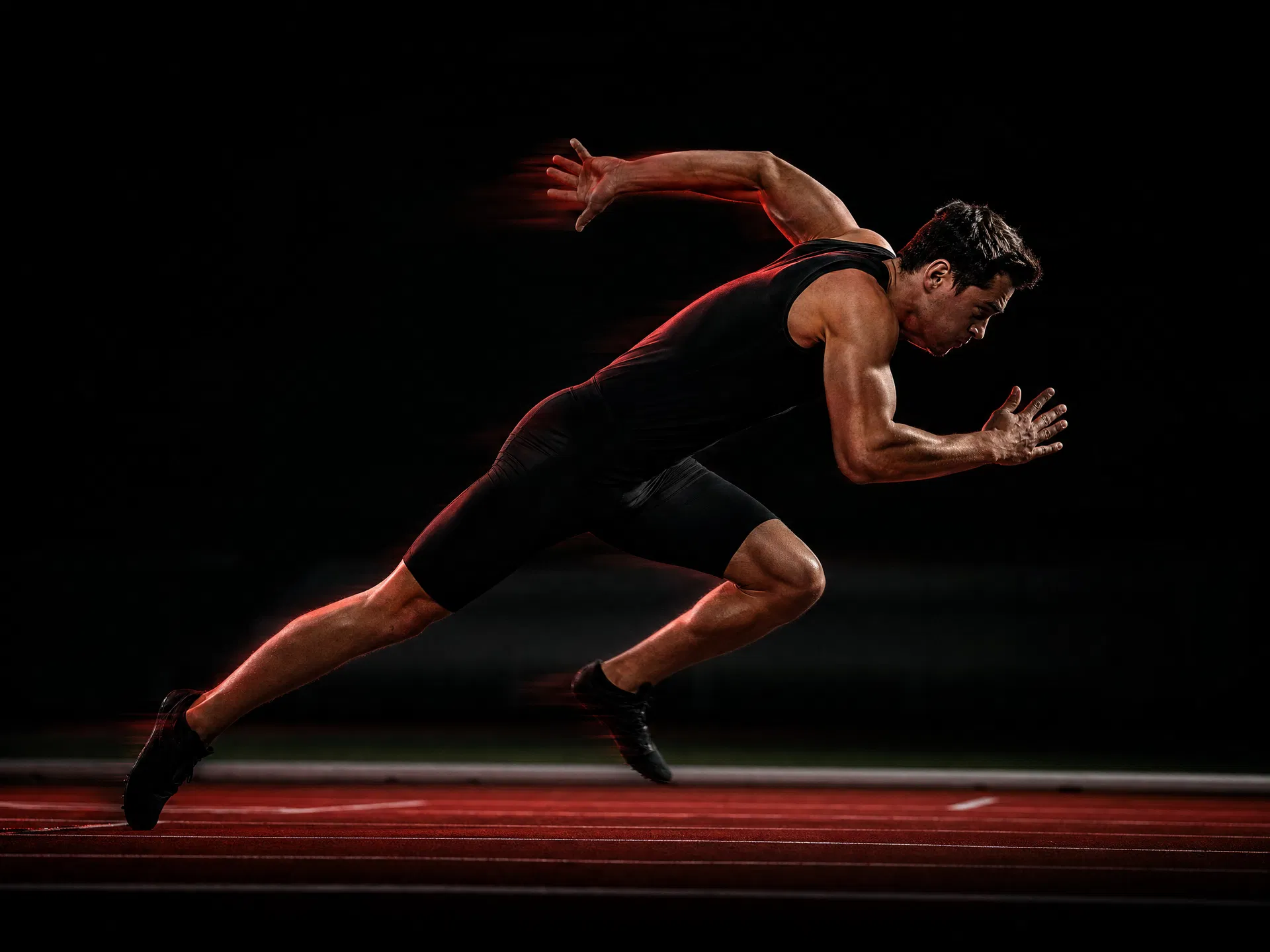 Explosiver Antritt eines Sprinters – REEP Speed System (KI-generierte Illustration)