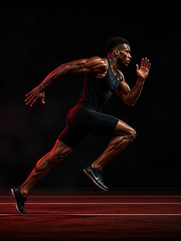 Sprinter in voller Beschleunigung auf der Laufbahn – REEP Speed System (KI-generierte Illustration)